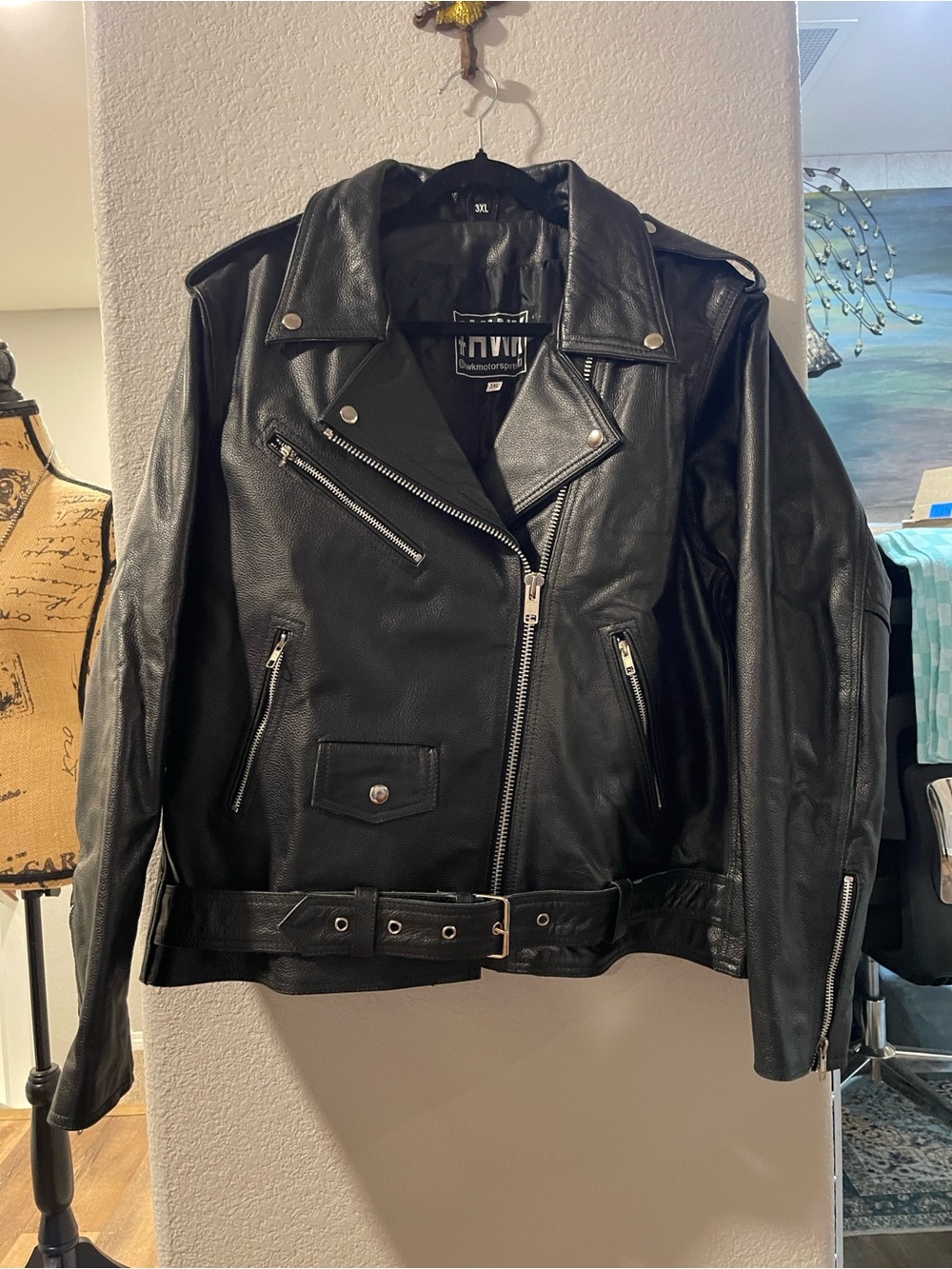 #HWK Women’s Black Leather Moto Jacket with Belt 3X New no Tags
